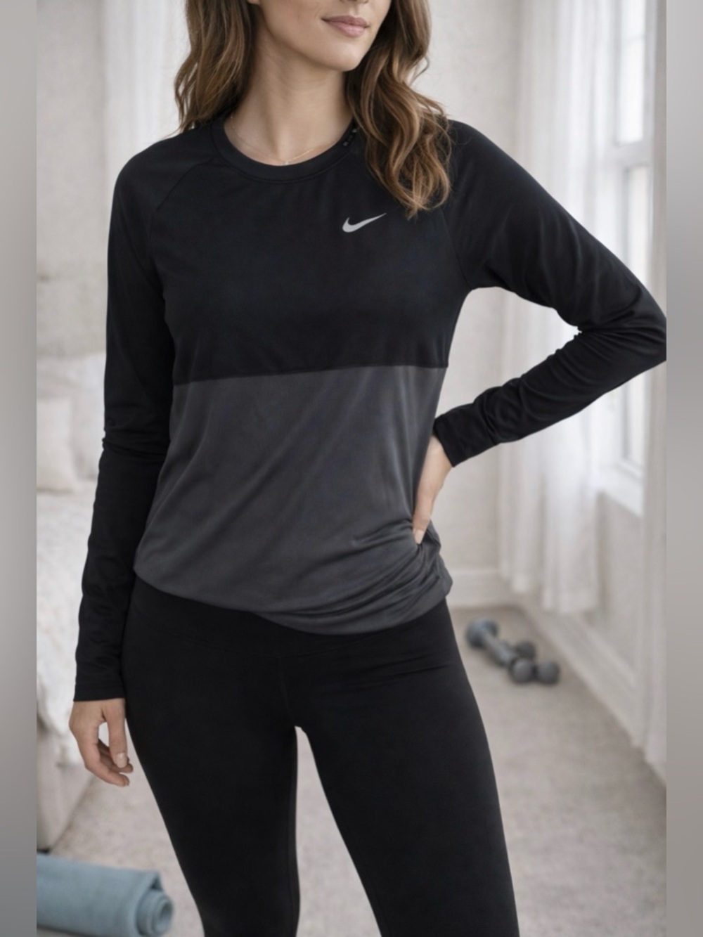 Nike Dri-FIT Long Sleeve Running Top Women M Black Gray Gym Workout